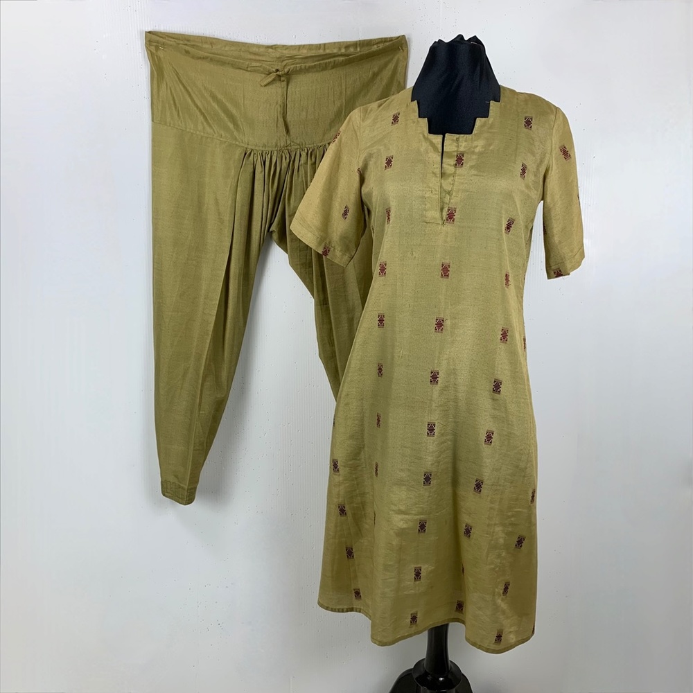 Green Kurta Dhoti Set Tunic Pants Unisex Step Neckline 38" Halloween Costume - Picture 7 of 9